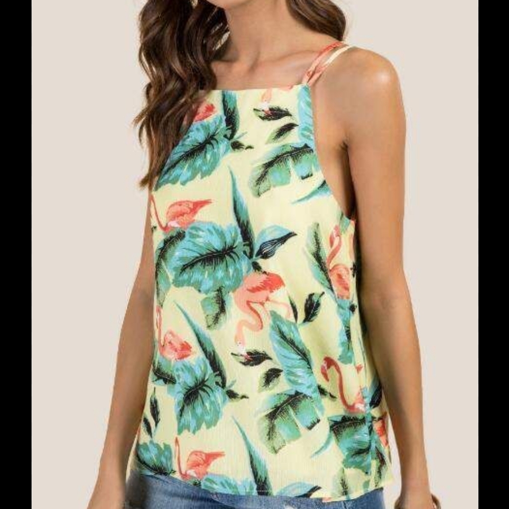 Blue Rain yellow lined flamingo floral leaf printed tank top with crossed straps